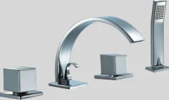 New Dawn D782262 4-Hole Tub Filler with Personal Handshower, Square Handles & Sheetflow Spout Tub Faucets