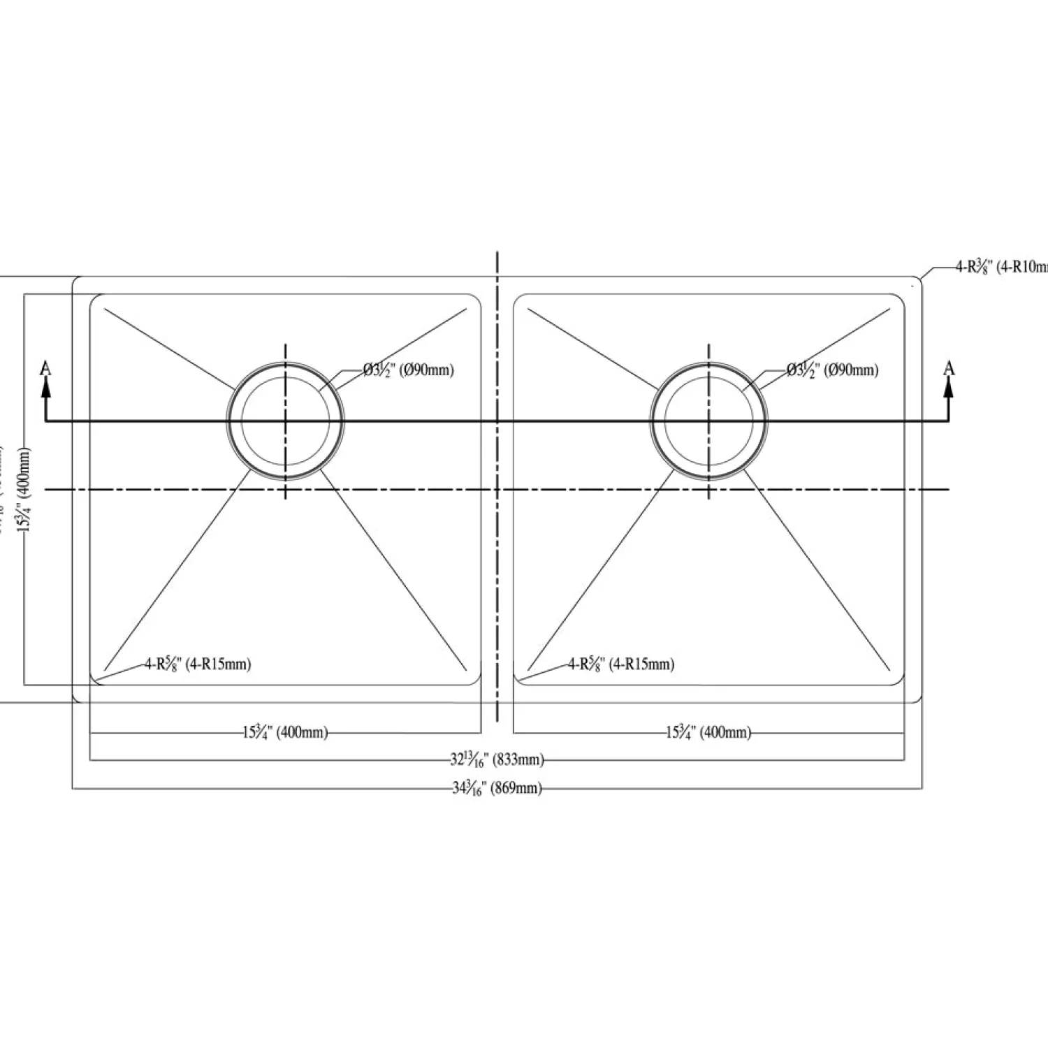 Clearance Dawn 35" Equal Double Bowl Undermount Kitchen Sink, with Small Radius Corners Stainless Steel Sinks|Double Bowl Sinks