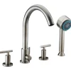 New Dawn 4-Hole Tub Filler with Personal Handshower and Lever Handles in Brushed Nickel Tub Faucets
