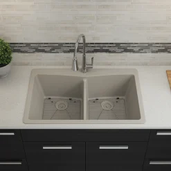 Best 33" Double Bowl 50/50 Dual Mount Quartz Composite Sink Drop-In / Top Mount Sinks|Double Bowl Sinks