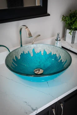 Sale Blue Ice Glass Vessel Sink Above Counter / Vessel Sinks
