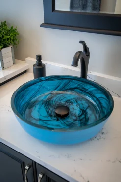 Clearance Blue Mist Flat Bottom Glass Vessel Sink Above Counter / Vessel Sinks