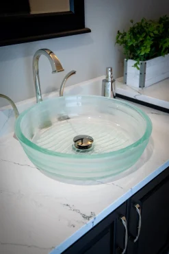 Sale Clear Round Flat Bottom Embossed Glass Vessel Sink Above Counter / Vessel Sinks