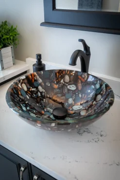 Discount Natural Pebble Pattern Glass Vessel Sink Above Counter / Vessel Sinks