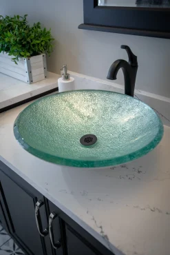 Pale Green Pearls Embossed Glass Vessel Sink Above Counter / Vessel Sinks