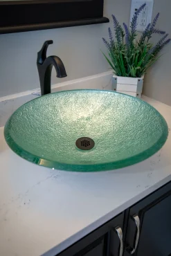 Pale Green Pearls Embossed Glass Vessel Sink Above Counter / Vessel Sinks