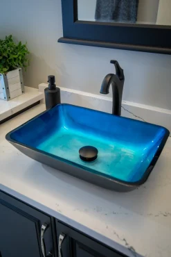 Rectangular Turquoise Blue Foil Glass Vessel Sink with Black Exterior Above Counter / Vessel Sinks