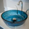 Sale Transparent Dark Blue Mist Flat Bottom Glass Vessel Sink Above Counter / Vessel Sinks