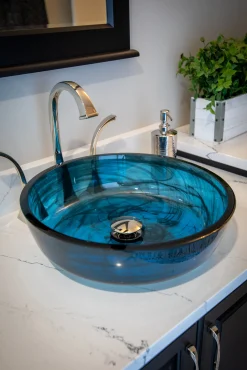 Sale Transparent Dark Blue Mist Flat Bottom Glass Vessel Sink Above Counter / Vessel Sinks
