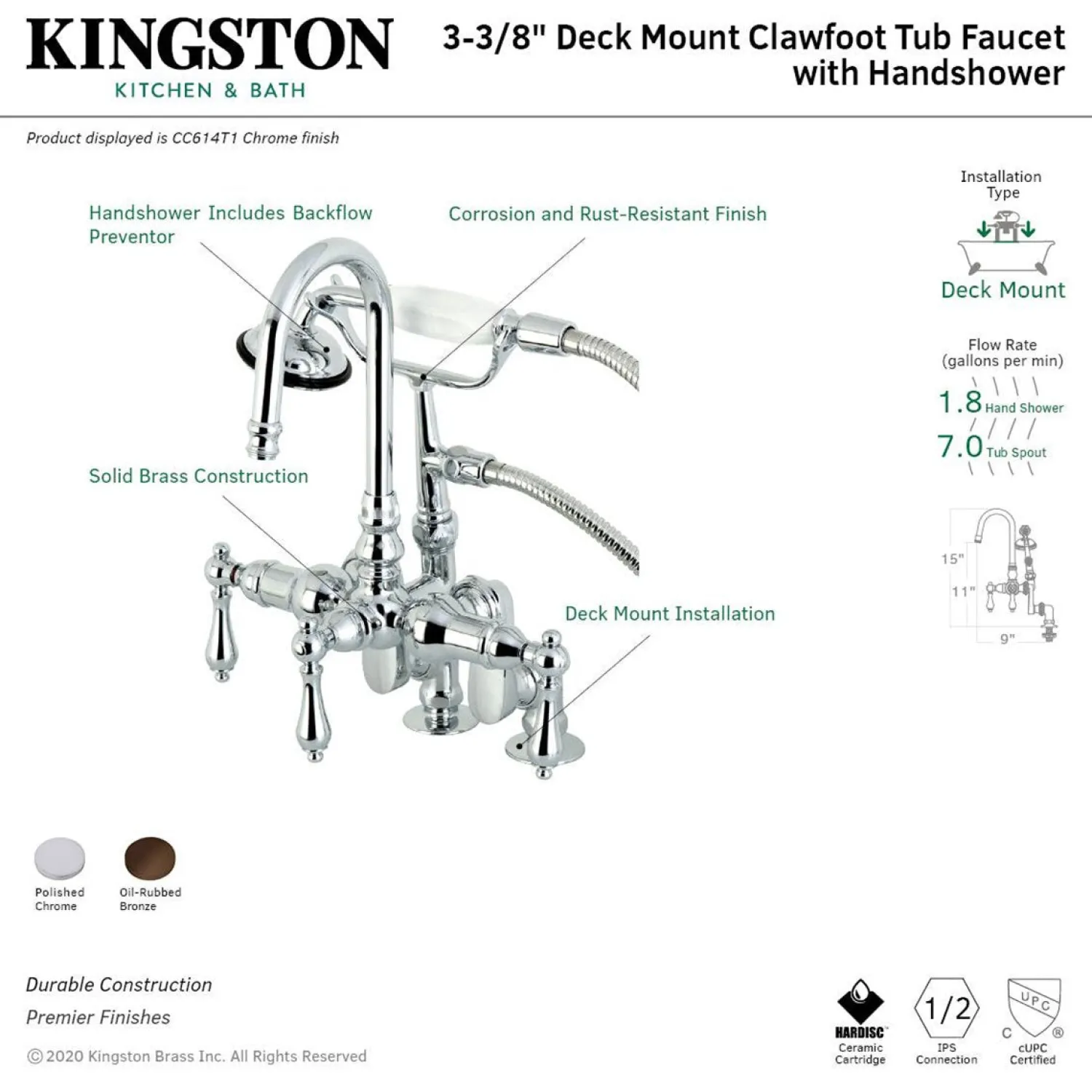 Clearance CC613TX-P Vintage Clawfoot 12.5" x 10" x 8.25" Tub Faucet with Hand Shower Tub Faucets