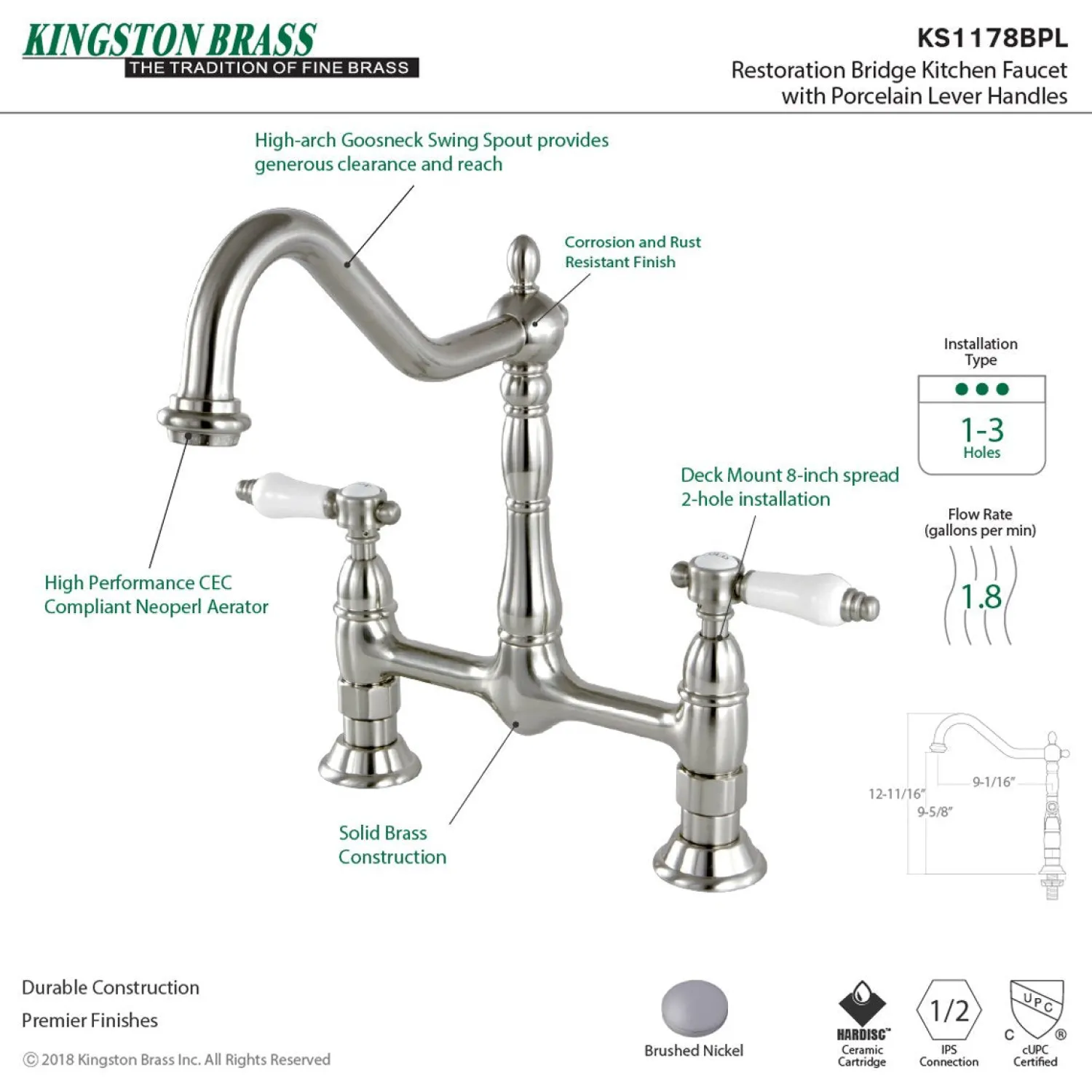 8" Centerset Kitchen Faucet Less Sprayer Bridge Faucets