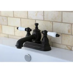 Discount 4" Centerset Lavatory Faucet with Heritage Spout and Porcelain Lever Handle 4" Center Set