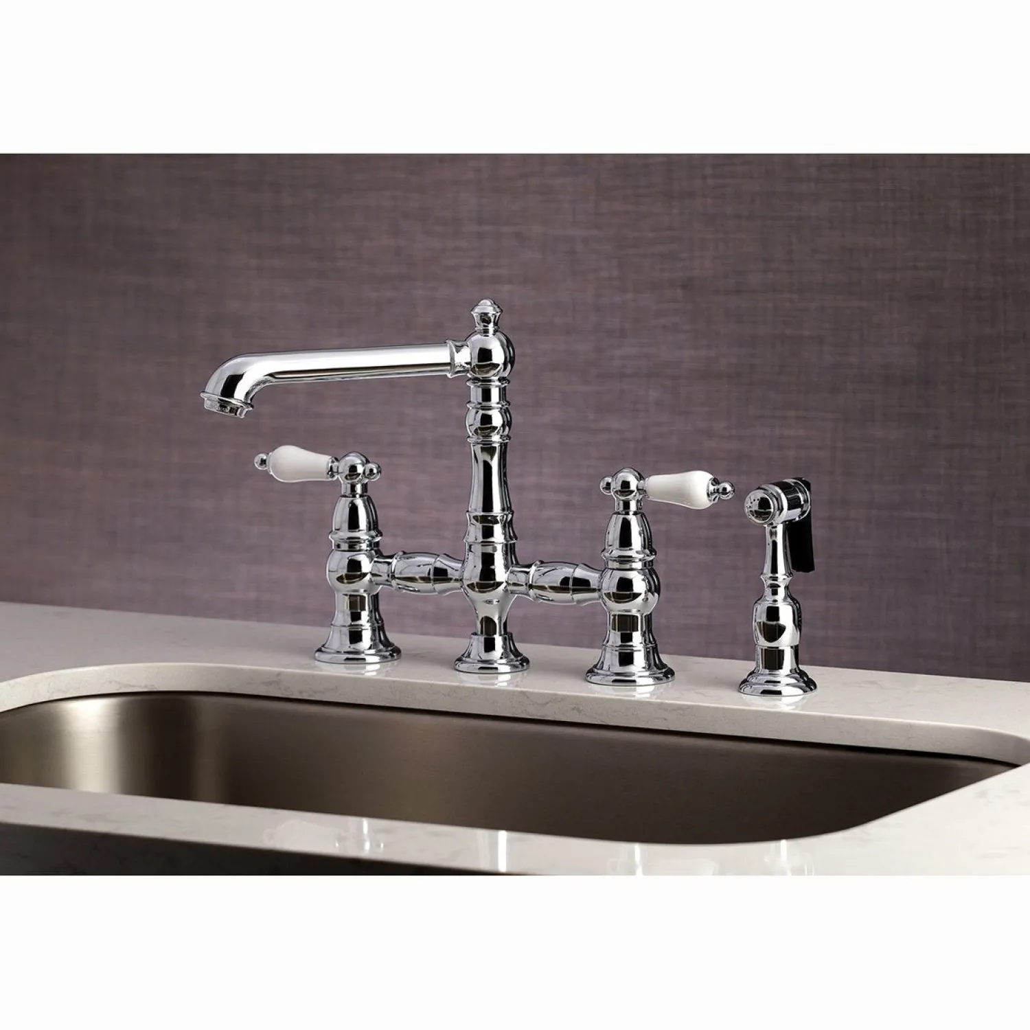 Discount English Country 4-Hole 8" Bridge Kitchen Faucet with Sprayer Faucets With Side Spray|Bridge Faucets