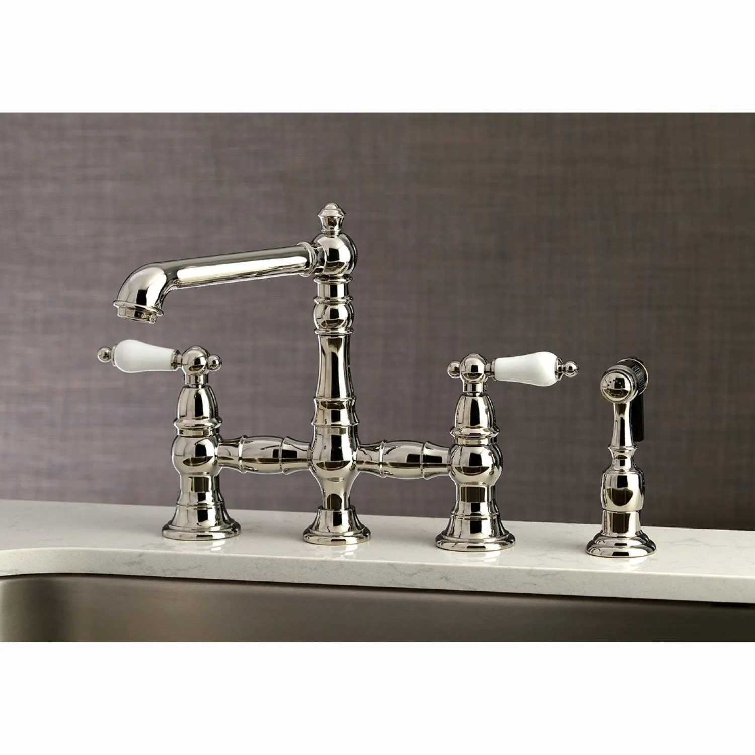 Discount English Country 4-Hole 8" Bridge Kitchen Faucet with Sprayer Faucets With Side Spray|Bridge Faucets