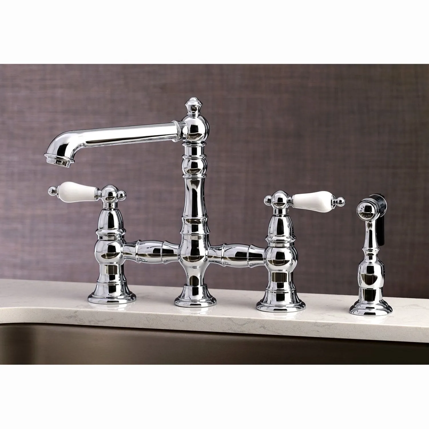 Discount English Country 4-Hole 8" Bridge Kitchen Faucet with Sprayer Faucets With Side Spray|Bridge Faucets