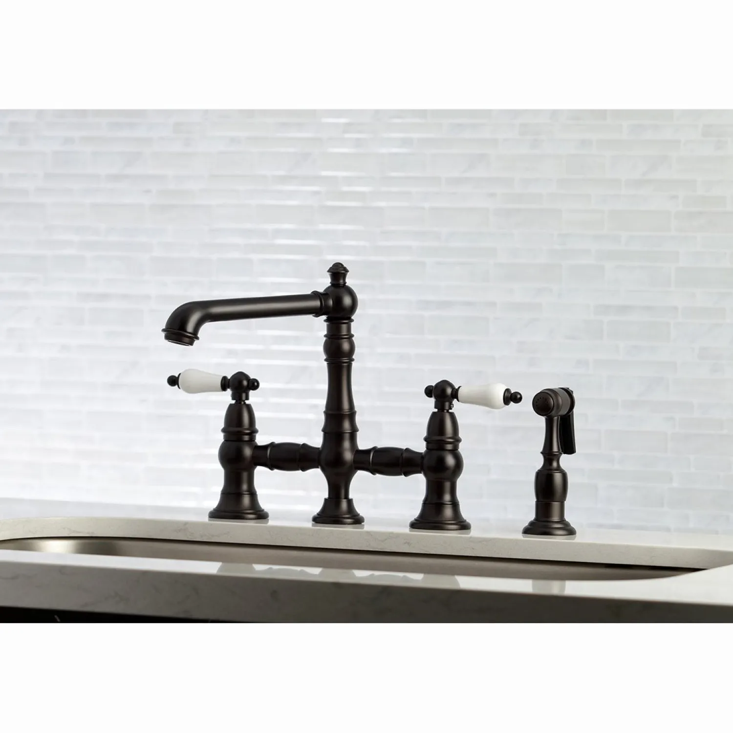 Discount English Country 4-Hole 8" Bridge Kitchen Faucet with Sprayer Faucets With Side Spray|Bridge Faucets