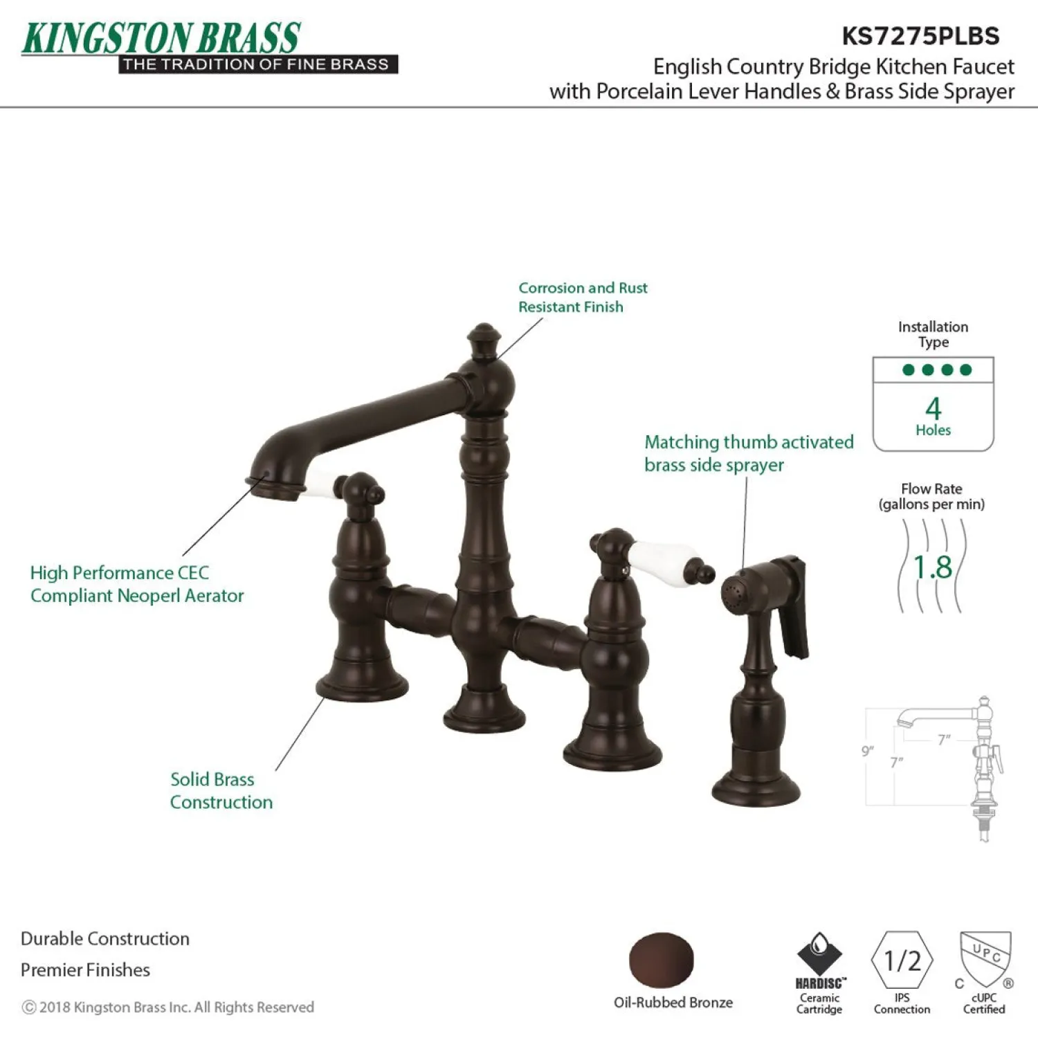 Discount English Country 4-Hole 8" Bridge Kitchen Faucet with Sprayer Faucets With Side Spray|Bridge Faucets