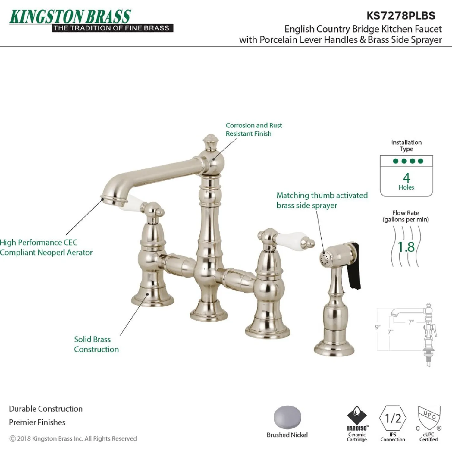 Discount English Country 4-Hole 8" Bridge Kitchen Faucet with Sprayer Faucets With Side Spray|Bridge Faucets