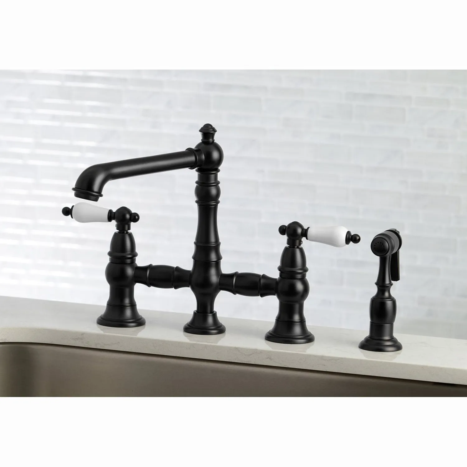 Discount English Country 4-Hole 8" Bridge Kitchen Faucet with Sprayer Faucets With Side Spray|Bridge Faucets