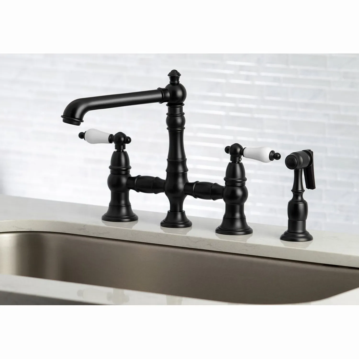 Discount English Country 4-Hole 8" Bridge Kitchen Faucet with Sprayer Faucets With Side Spray|Bridge Faucets