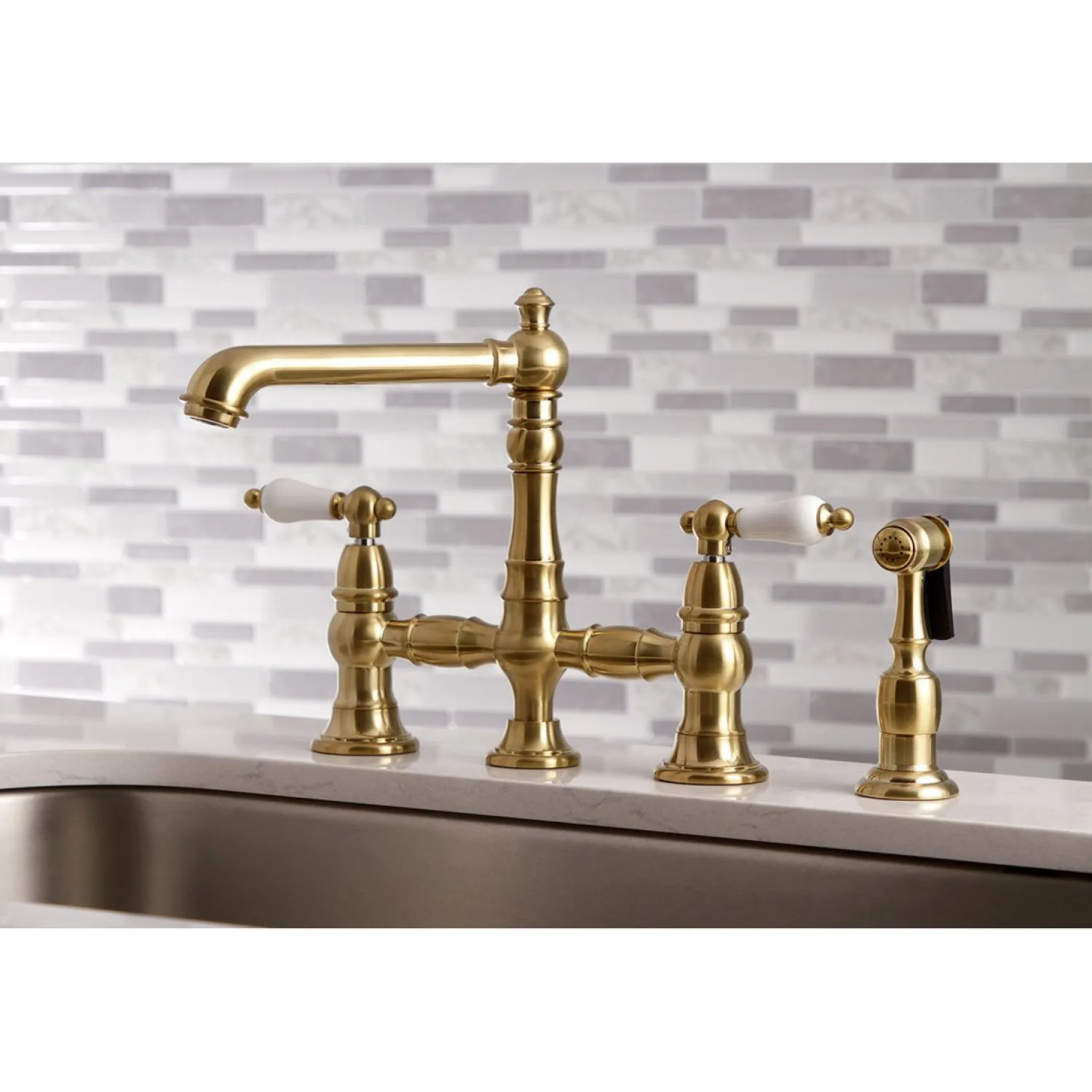 Discount English Country 4-Hole 8" Bridge Kitchen Faucet with Sprayer Faucets With Side Spray|Bridge Faucets