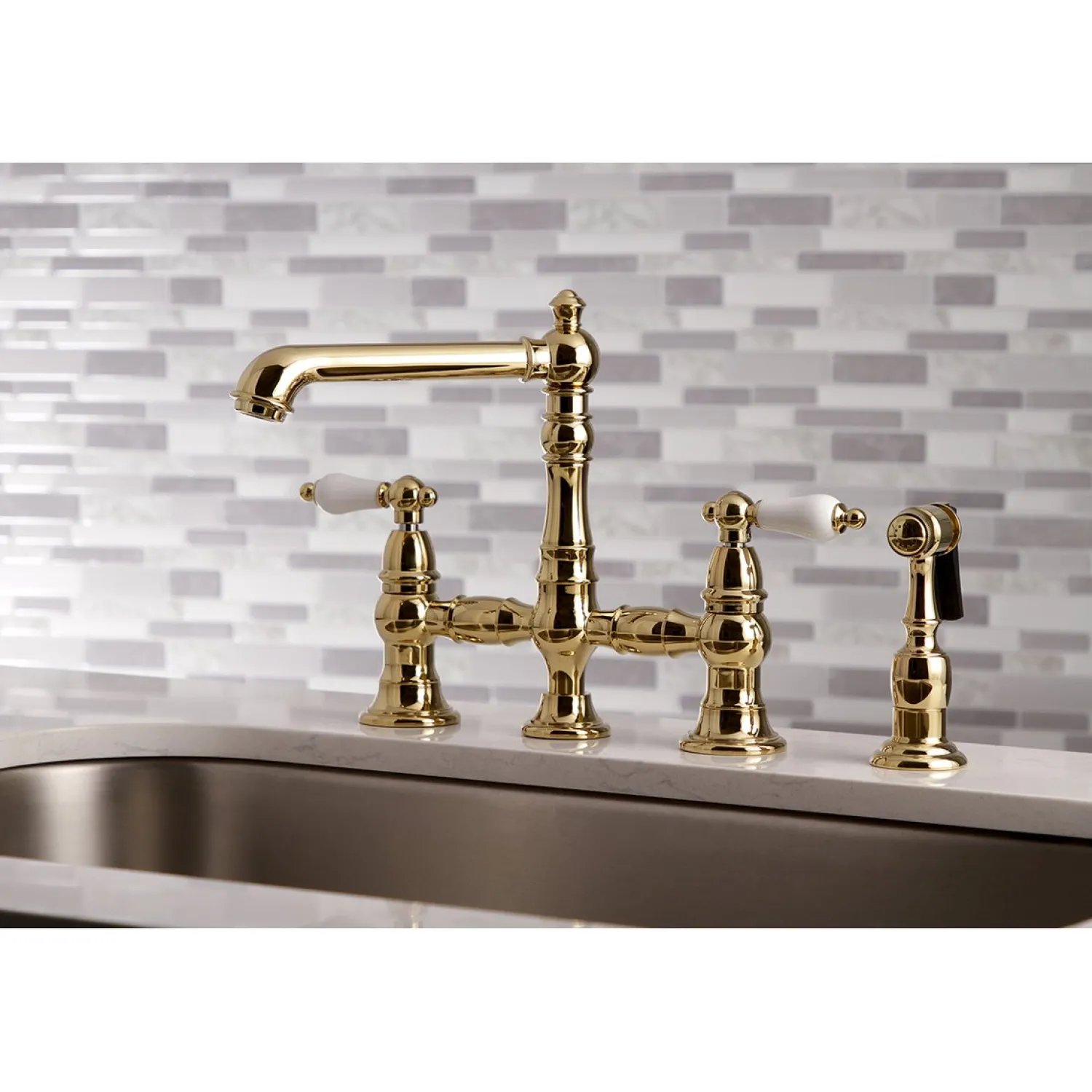 Discount English Country 4-Hole 8" Bridge Kitchen Faucet with Sprayer Faucets With Side Spray|Bridge Faucets