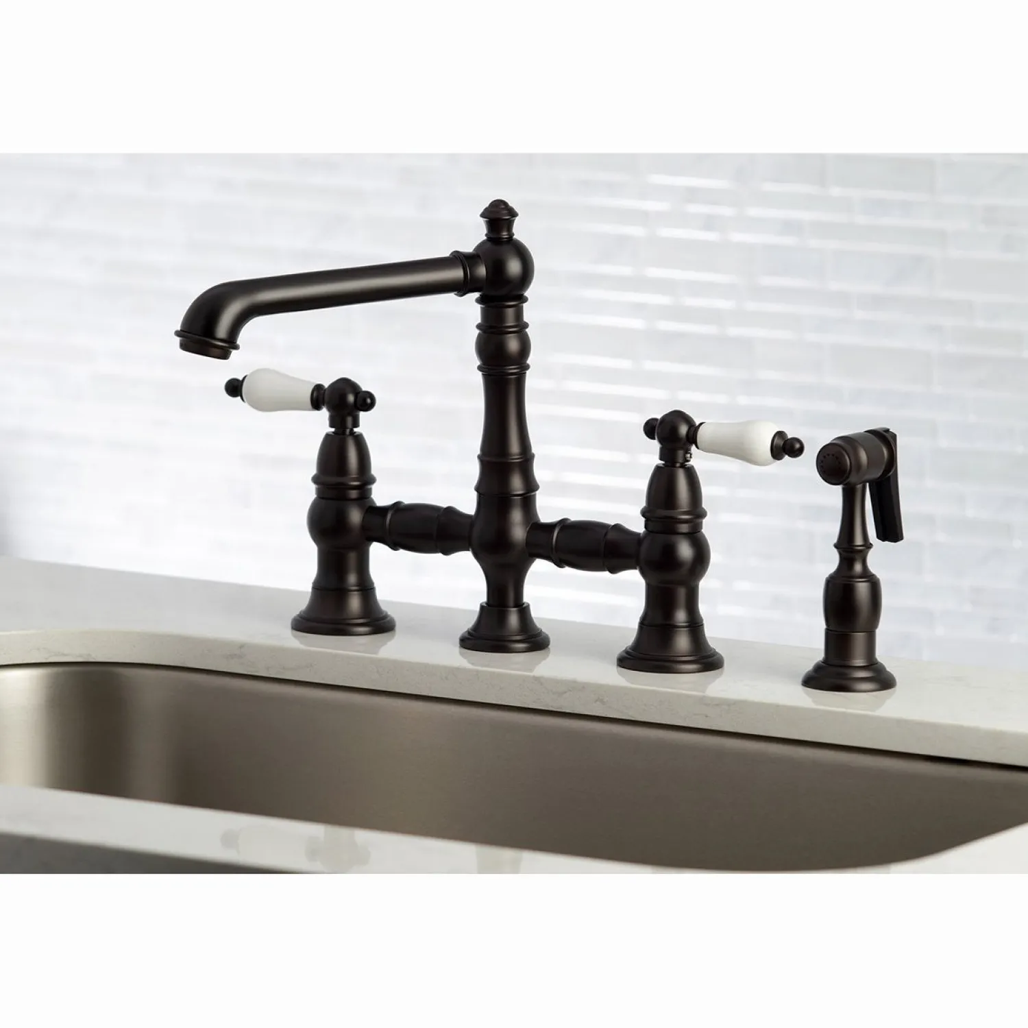 Discount English Country 4-Hole 8" Bridge Kitchen Faucet with Sprayer Faucets With Side Spray|Bridge Faucets