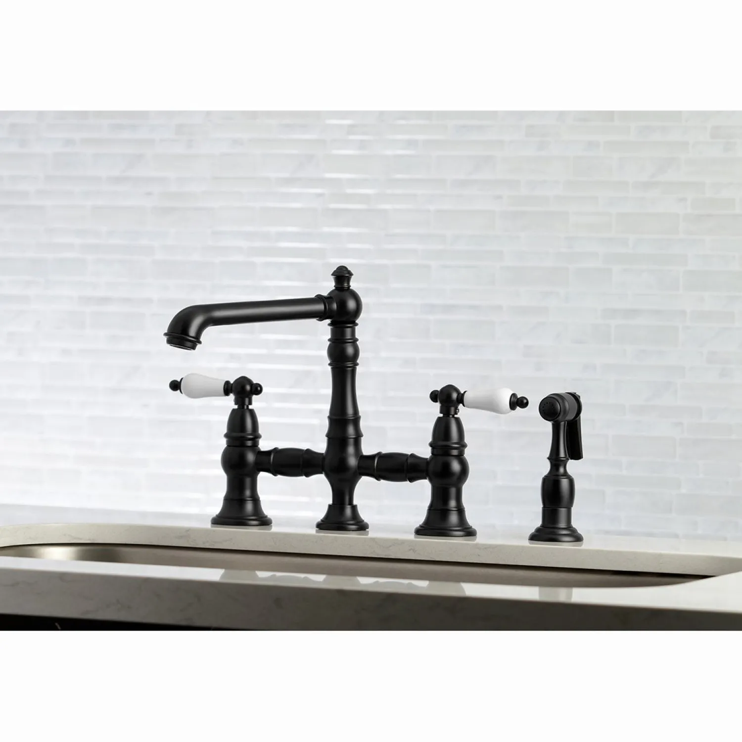 Discount English Country 4-Hole 8" Bridge Kitchen Faucet with Sprayer Faucets With Side Spray|Bridge Faucets