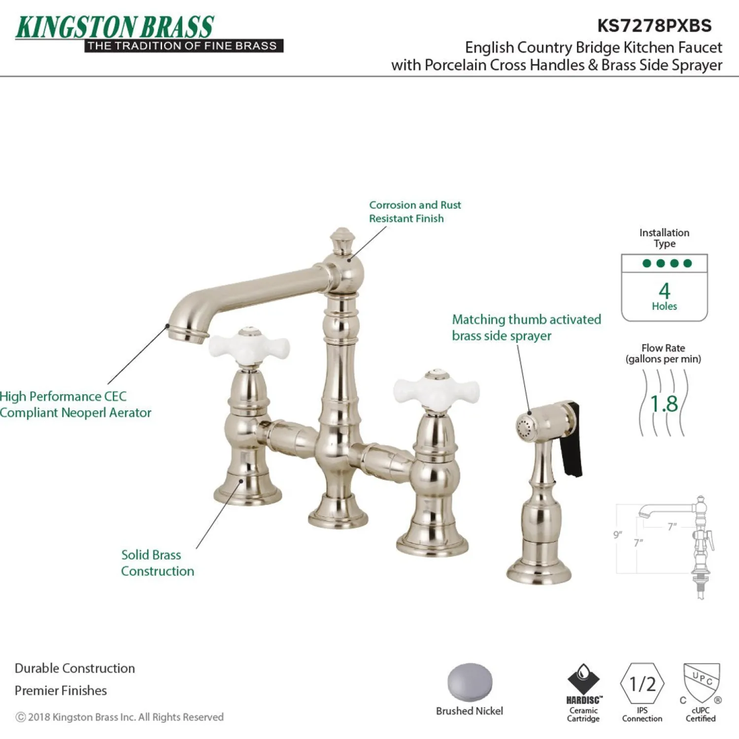 Outlet English Country 8" Bridge 4-Hole Kitchen Faucet with Sprayer Faucets With Side Spray|Bridge Faucets