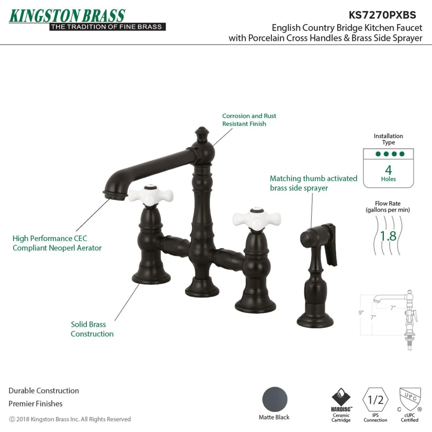 Outlet English Country 8" Bridge 4-Hole Kitchen Faucet with Sprayer Faucets With Side Spray|Bridge Faucets