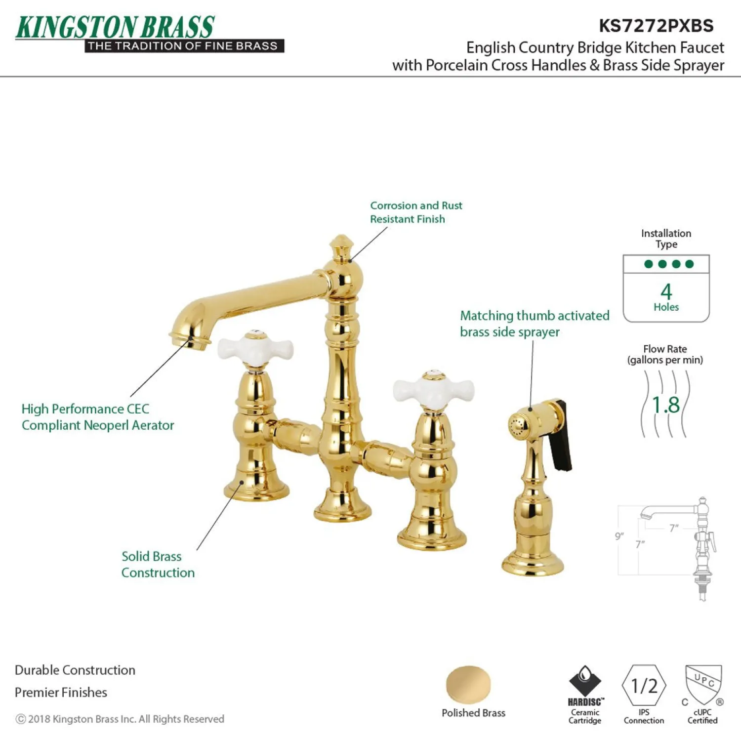 Outlet English Country 8" Bridge 4-Hole Kitchen Faucet with Sprayer Faucets With Side Spray|Bridge Faucets