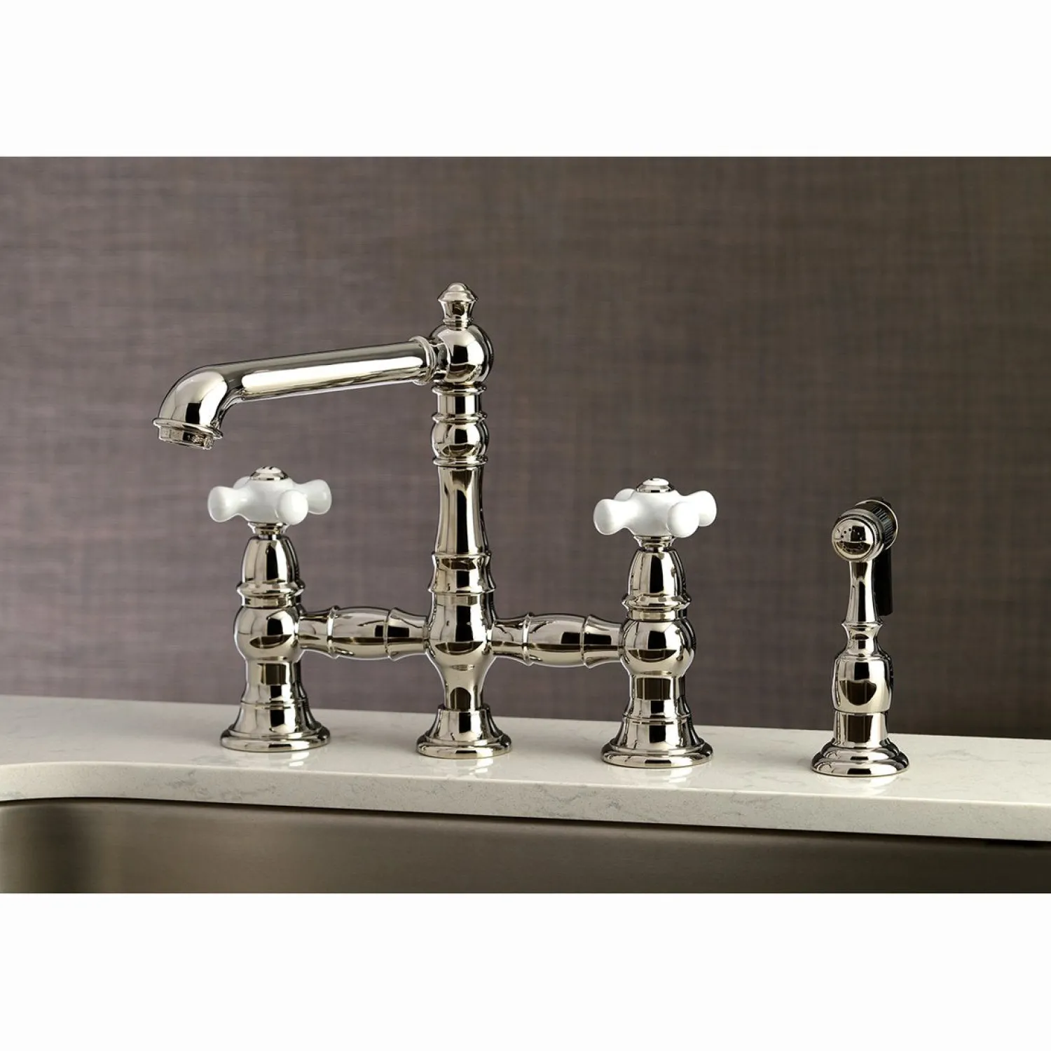 Outlet English Country 8" Bridge 4-Hole Kitchen Faucet with Sprayer Faucets With Side Spray|Bridge Faucets