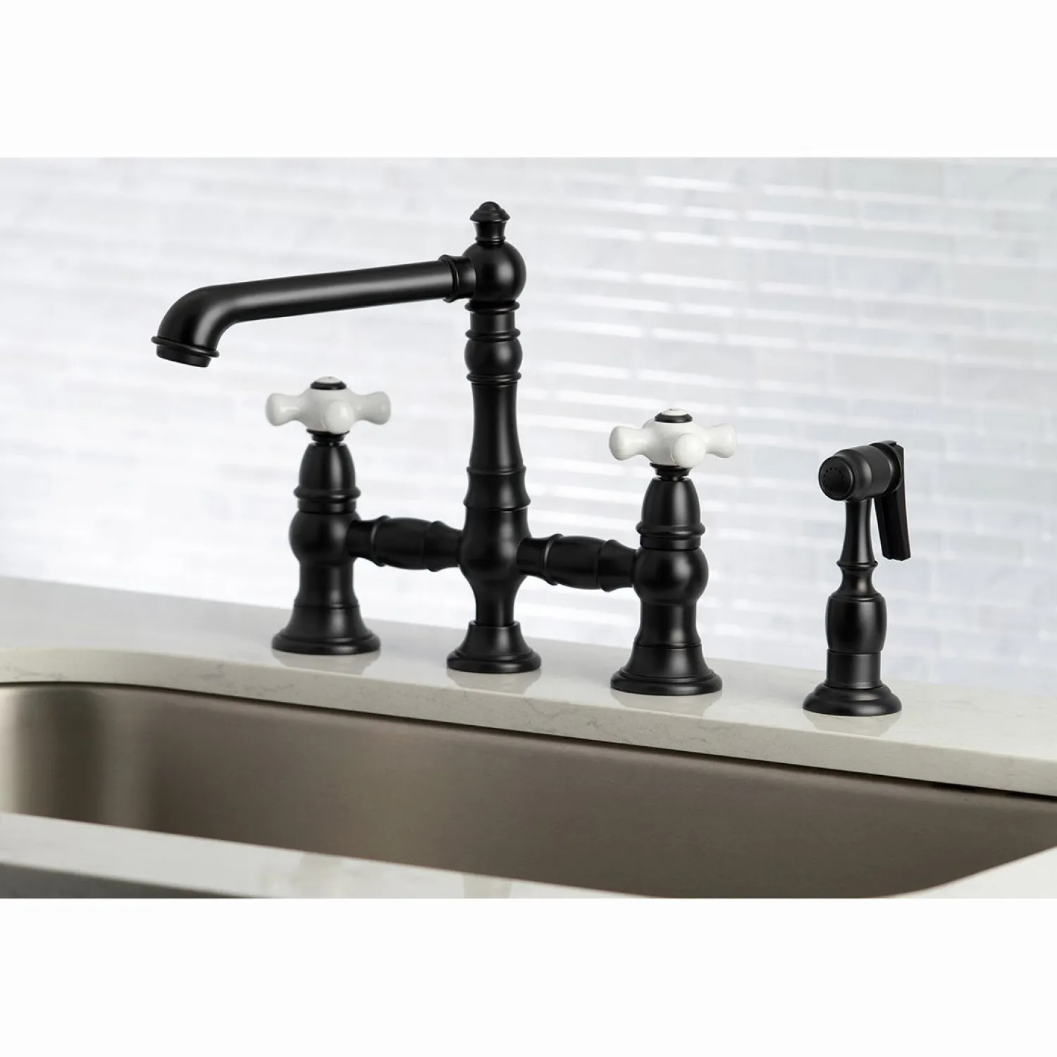 Outlet English Country 8" Bridge 4-Hole Kitchen Faucet with Sprayer Faucets With Side Spray|Bridge Faucets