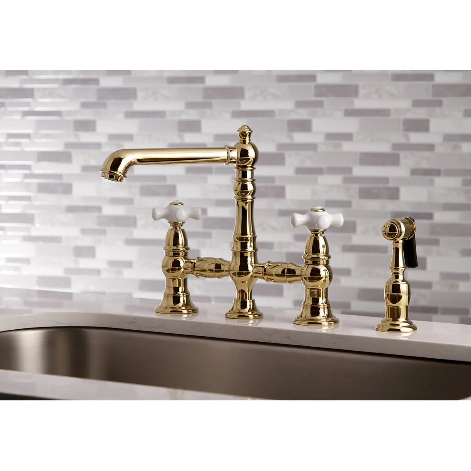 Outlet English Country 8" Bridge 4-Hole Kitchen Faucet with Sprayer Faucets With Side Spray|Bridge Faucets