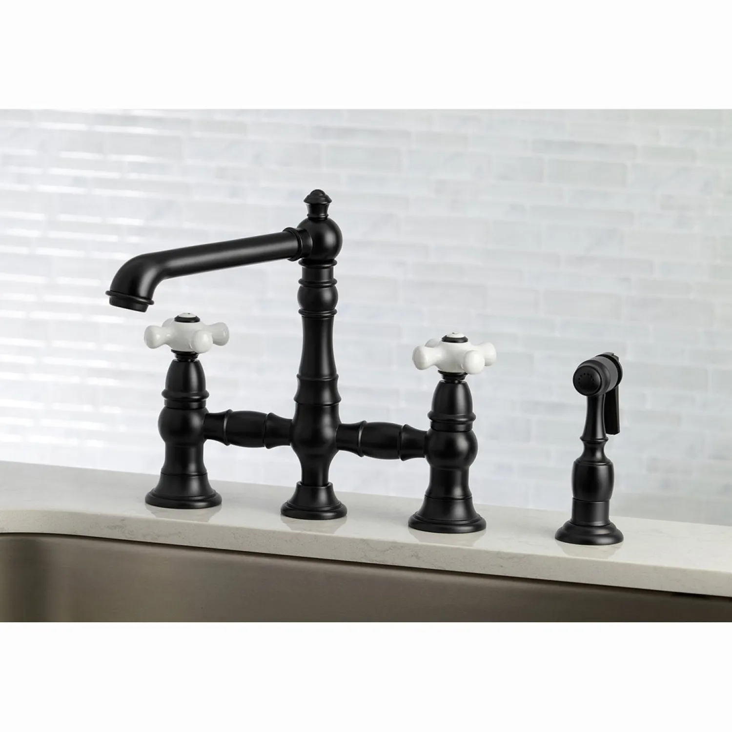 Outlet English Country 8" Bridge 4-Hole Kitchen Faucet with Sprayer Faucets With Side Spray|Bridge Faucets