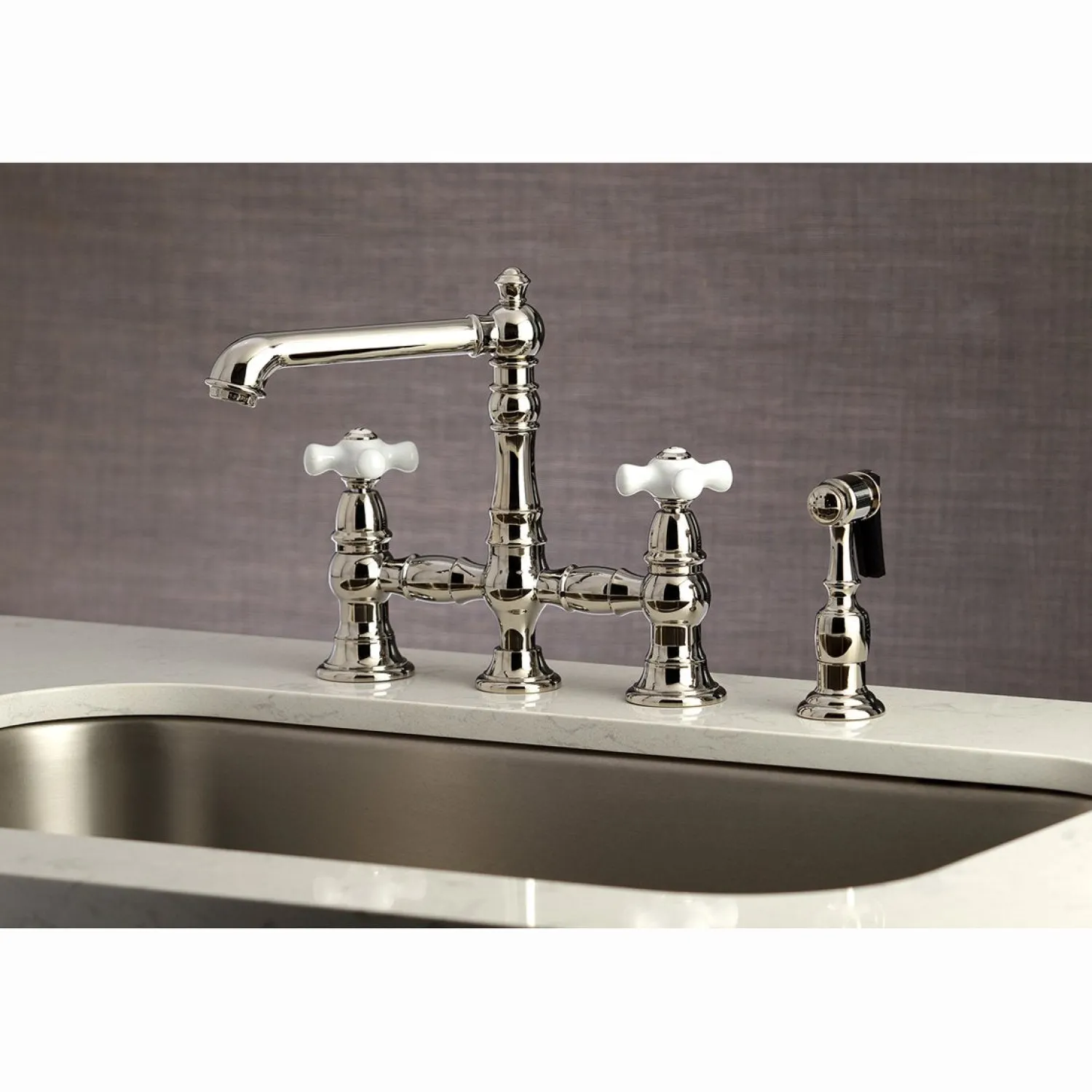 Outlet English Country 8" Bridge 4-Hole Kitchen Faucet with Sprayer Faucets With Side Spray|Bridge Faucets