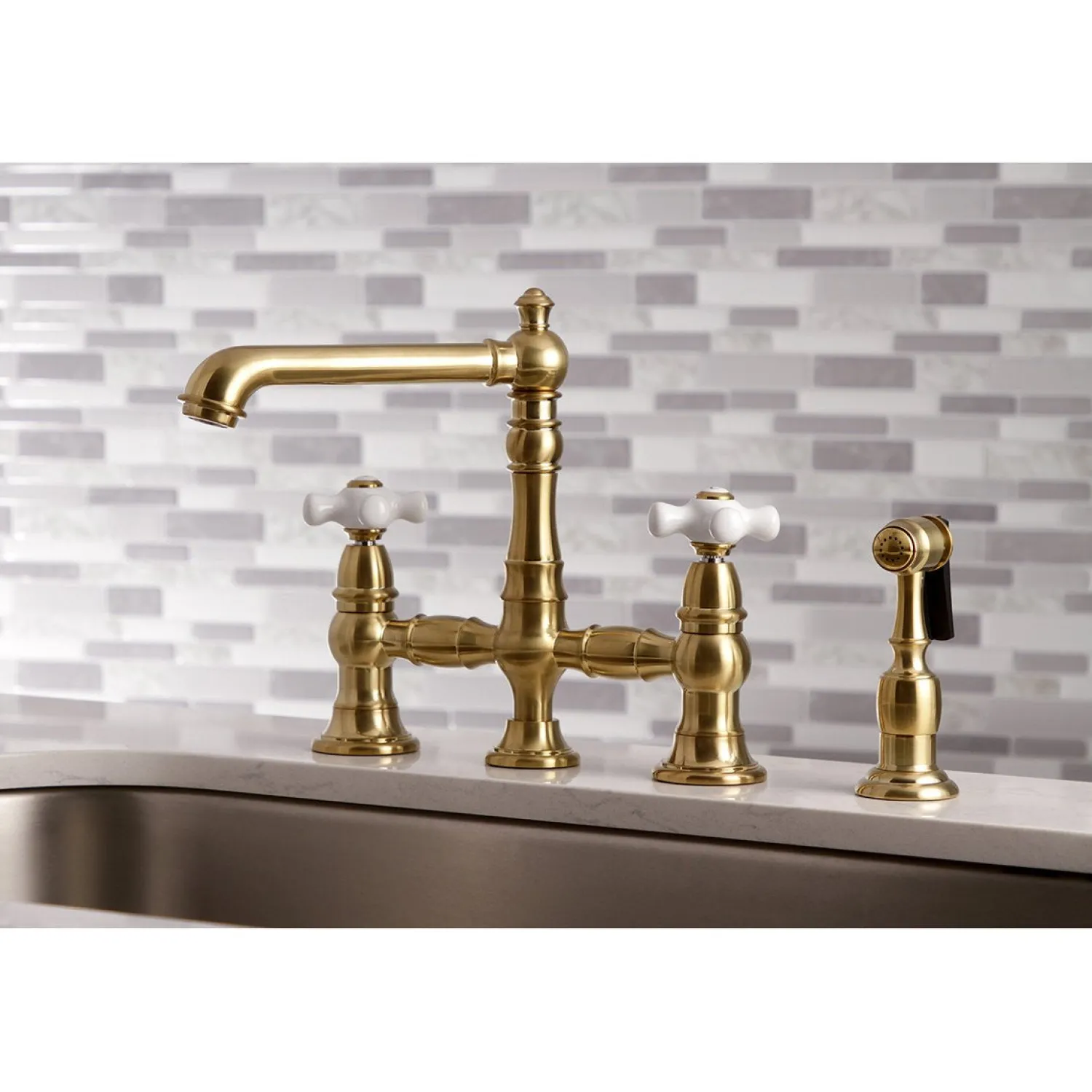 Outlet English Country 8" Bridge 4-Hole Kitchen Faucet with Sprayer Faucets With Side Spray|Bridge Faucets