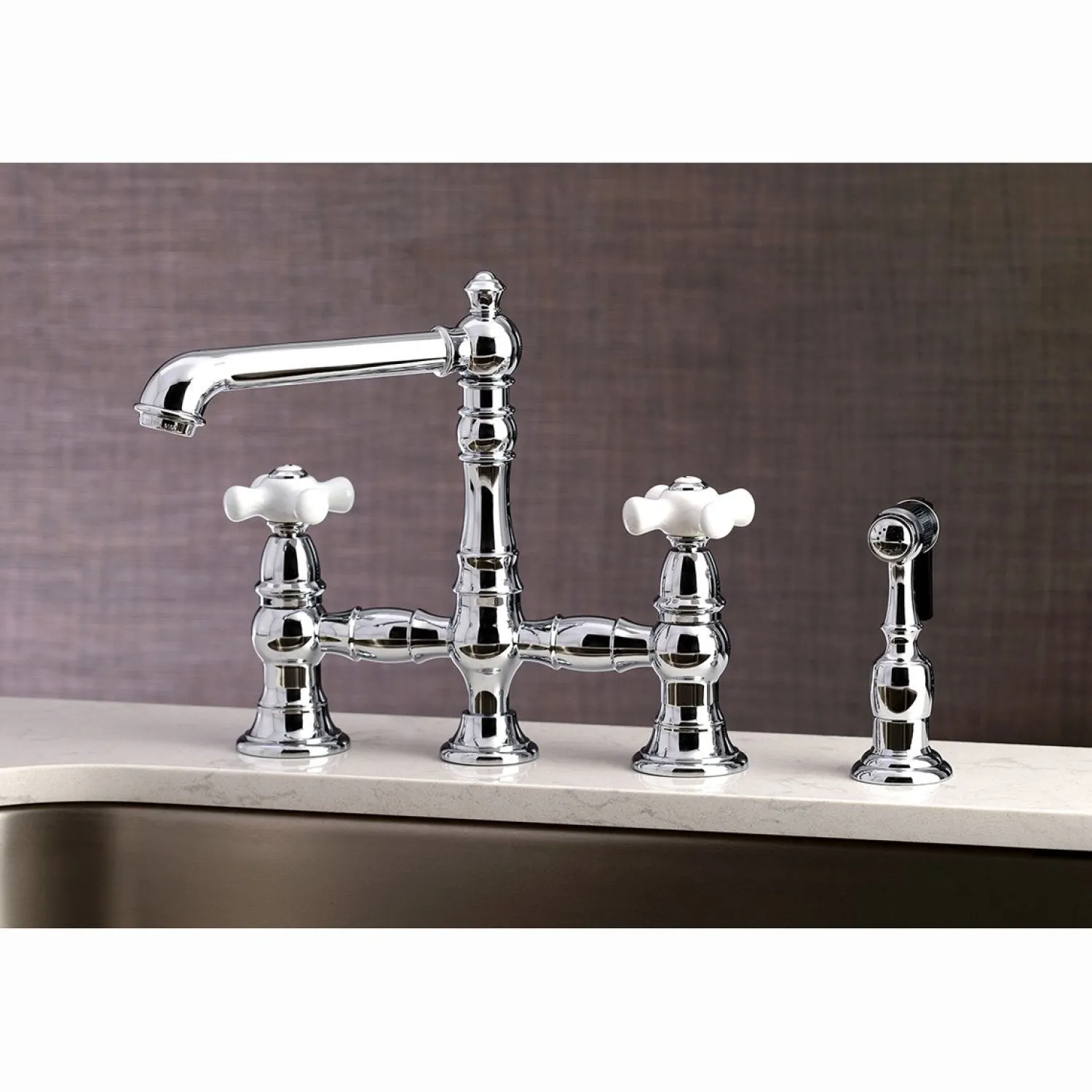 Outlet English Country 8" Bridge 4-Hole Kitchen Faucet with Sprayer Faucets With Side Spray|Bridge Faucets