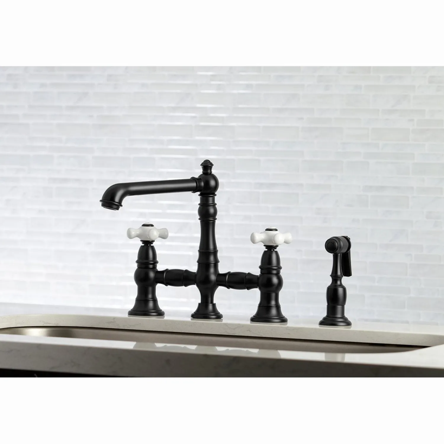 Outlet English Country 8" Bridge 4-Hole Kitchen Faucet with Sprayer Faucets With Side Spray|Bridge Faucets