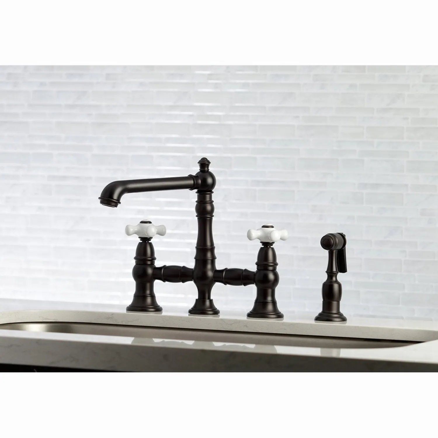 Outlet English Country 8" Bridge 4-Hole Kitchen Faucet with Sprayer Faucets With Side Spray|Bridge Faucets
