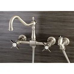 Essex 8-Inch Centerset Wall Mount Kitchen Faucet with Brass Sprayer Wall Mounted Kitchen Faucets