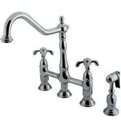 Outlet French Country Kitchen Bridge Faucet with Brass Sprayer Bridge Faucets