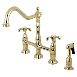 Outlet French Country Kitchen Bridge Faucet with Brass Sprayer Bridge Faucets