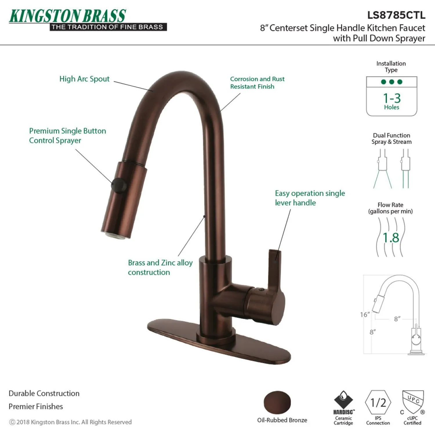 Best Gourmetier Continental Single-Handle Single-Hole Pull-Down Kitchen Faucet Single Hole