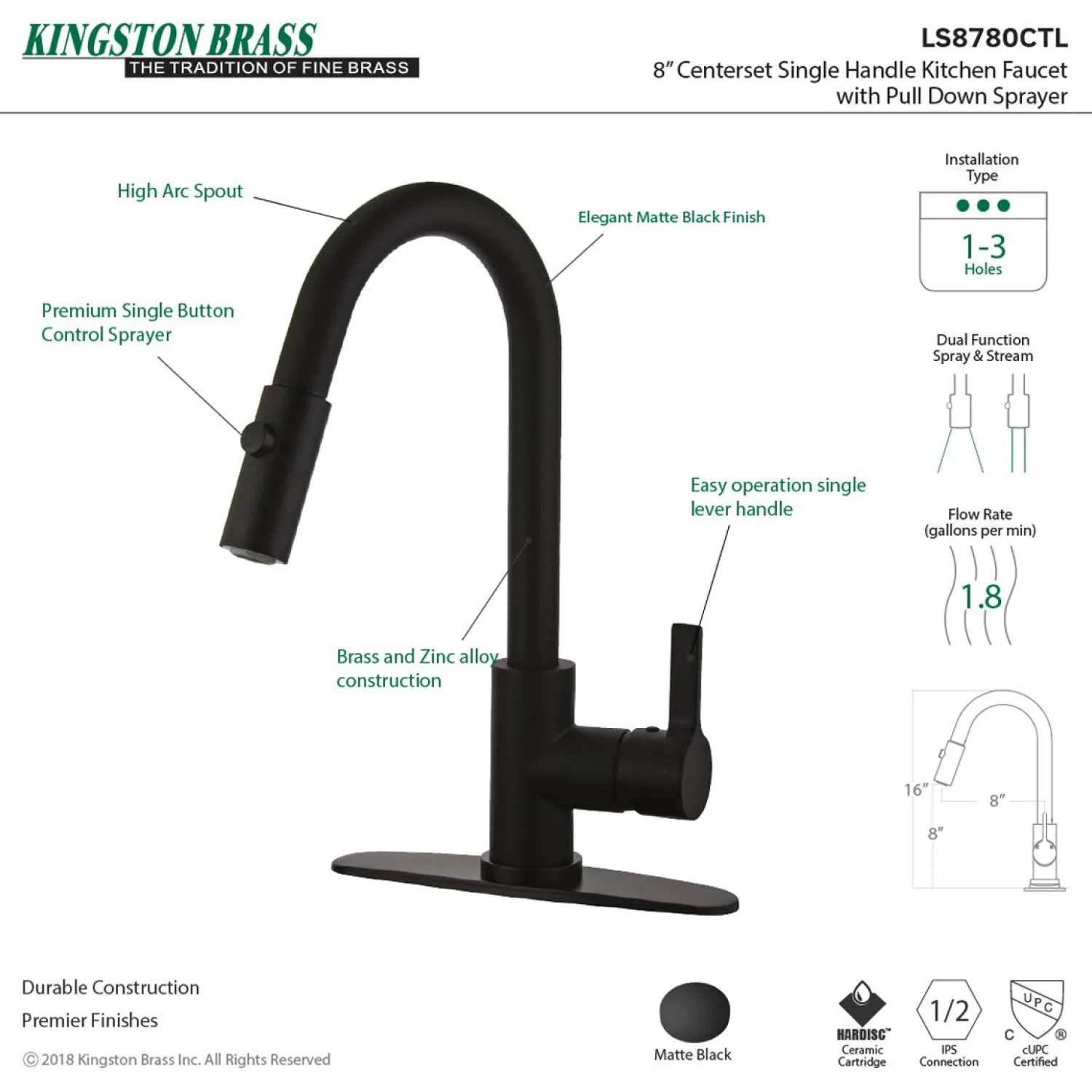 Best Gourmetier Continental Single-Handle Single-Hole Pull-Down Kitchen Faucet Single Hole
