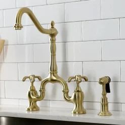 Hot Heirloom French Country Two-Handle 3-Hole Deck Mount Bridge Kitchen Faucet with Brass Sprayer Faucets With Side Spray|Bridge Faucets