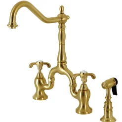 Hot Heirloom French Country Two-Handle 3-Hole Deck Mount Bridge Kitchen Faucet with Brass Sprayer Faucets With Side Spray|Bridge Faucets