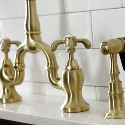 Hot Heirloom French Country Two-Handle 3-Hole Deck Mount Bridge Kitchen Faucet with Brass Sprayer Faucets With Side Spray|Bridge Faucets