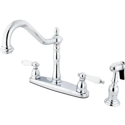 Hot Heritage 8" Center Kitchen Faucet with Brass Sprayer and Porcelain Lever Handle Widespread Kitchen Faucets|Faucets With Side Spray