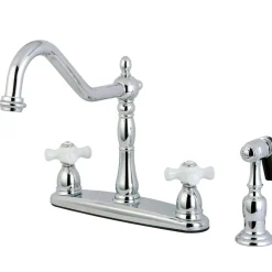 Sale Heritage 8" Center Two Handle Deck Mount Kitchen Faucet with Brass Sprayer Widespread Kitchen Faucets|Faucets With Side Spray